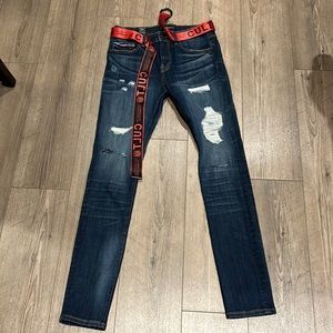 Cult of Individuality Skinny Fit Blue Jeans With Red Belt